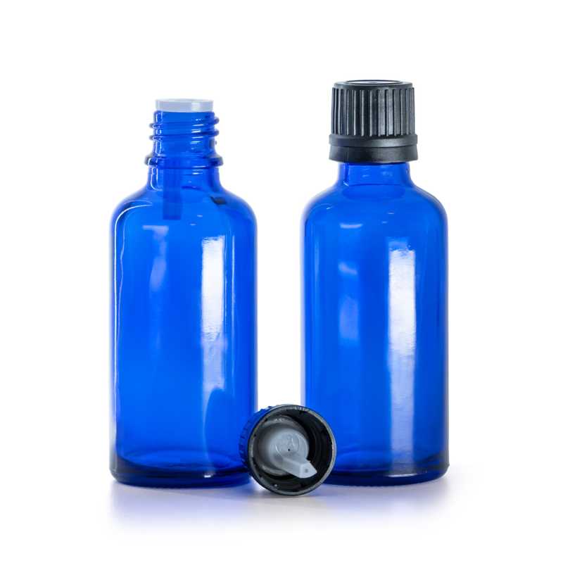 Flacone di vetro blu, tappo nero con contagocce, 50 ml