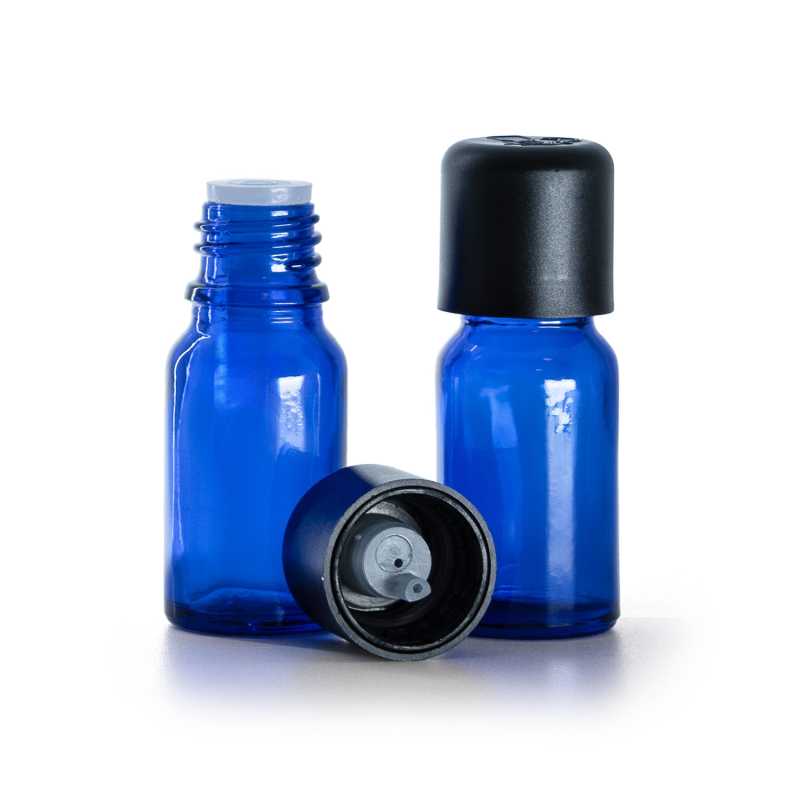Flacone in vetro, blu, tappo di sicurezza antimanomissione nero con contagocce, 10 ml