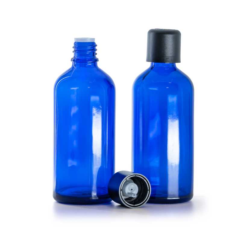Bottiglia in vetro, blu, tappo di sicurezza nero con contagocce, 100 ml