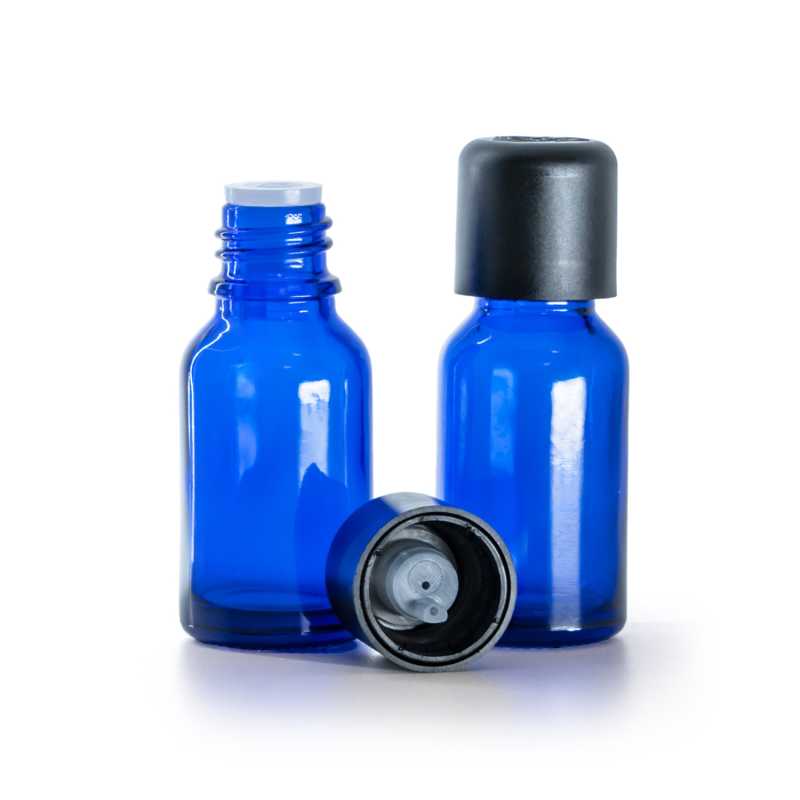 Flacone in vetro, blu, tappo di sicurezza nero con contagocce, 15 ml