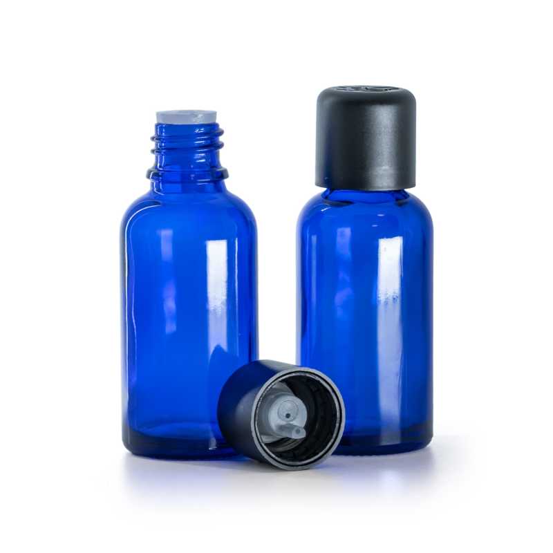 Flacone in vetro, blu, tappo di sicurezza nero con contagocce, 30 ml