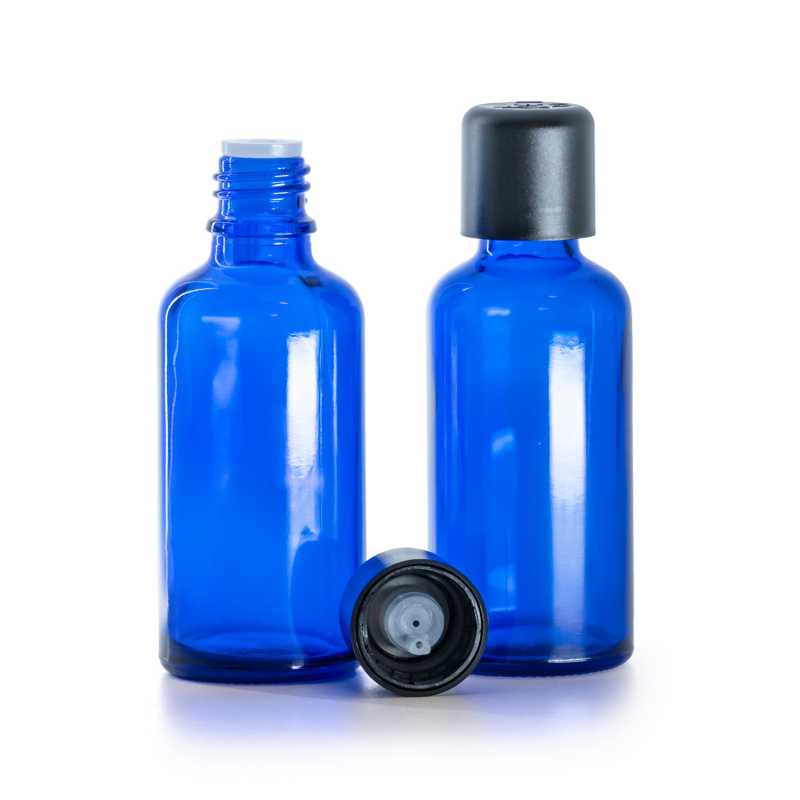 Flacone in vetro, blu, tappo di sicurezza antimanomissione nero con contagocce, 50 ml