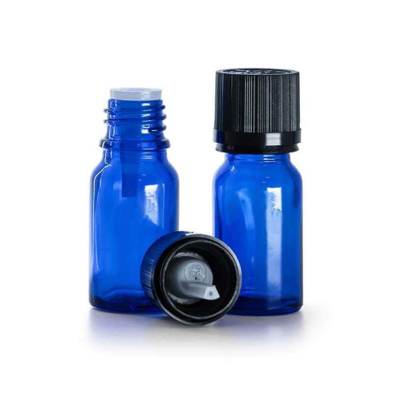 Flacone in vetro, blu, tappo di sicurezza nero con contagocce, 10 ml