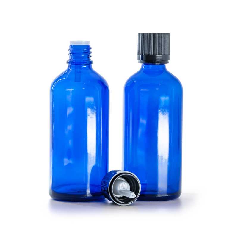 Bottiglia in vetro, blu, tappo di sicurezza nero con contagocce, 100 ml