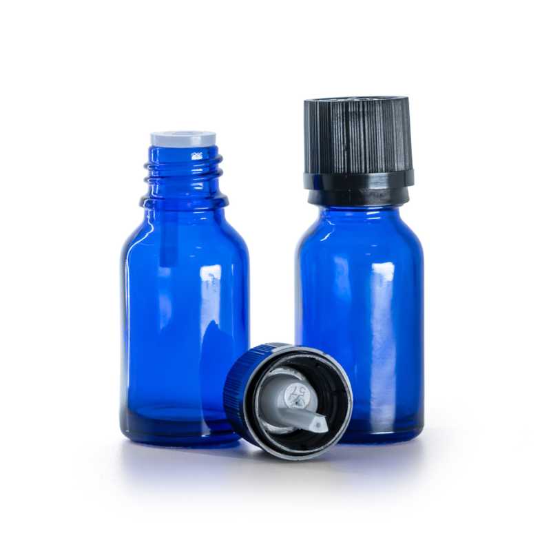 Bottiglia in vetro, blu, tappo di sicurezza nero con contagocce, 15 ml