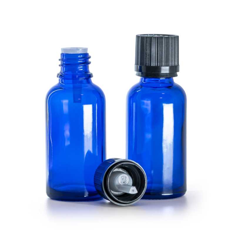 Flacone in vetro, blu, tappo di sicurezza nero con contagocce, 30 ml
