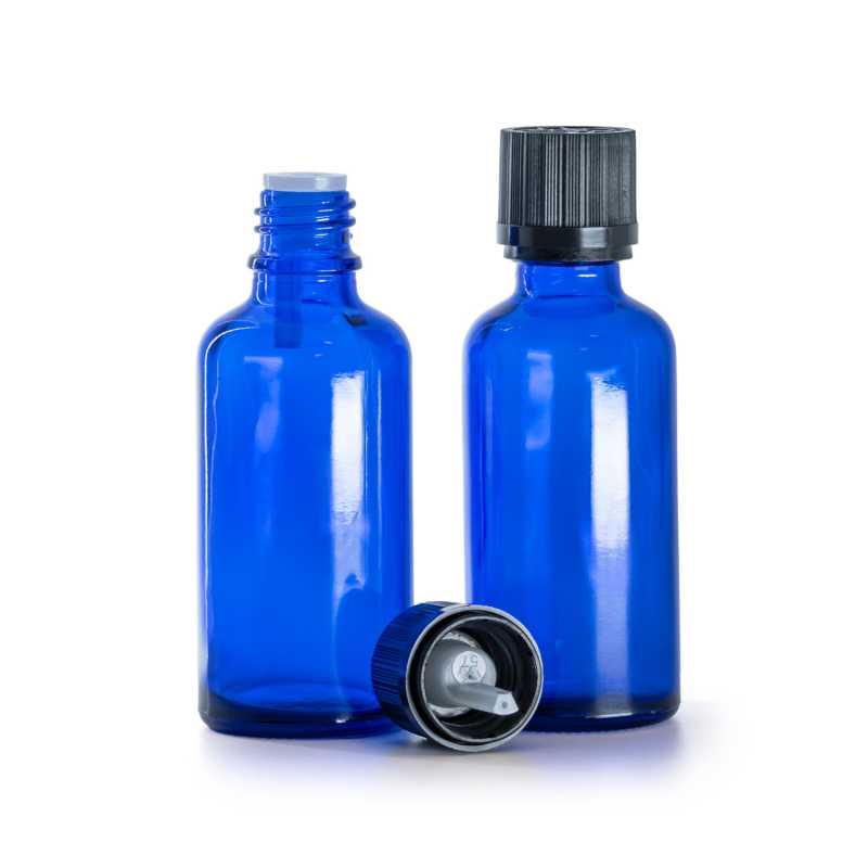 Flacone in vetro, blu, tappo di sicurezza nero con contagocce, 50 ml