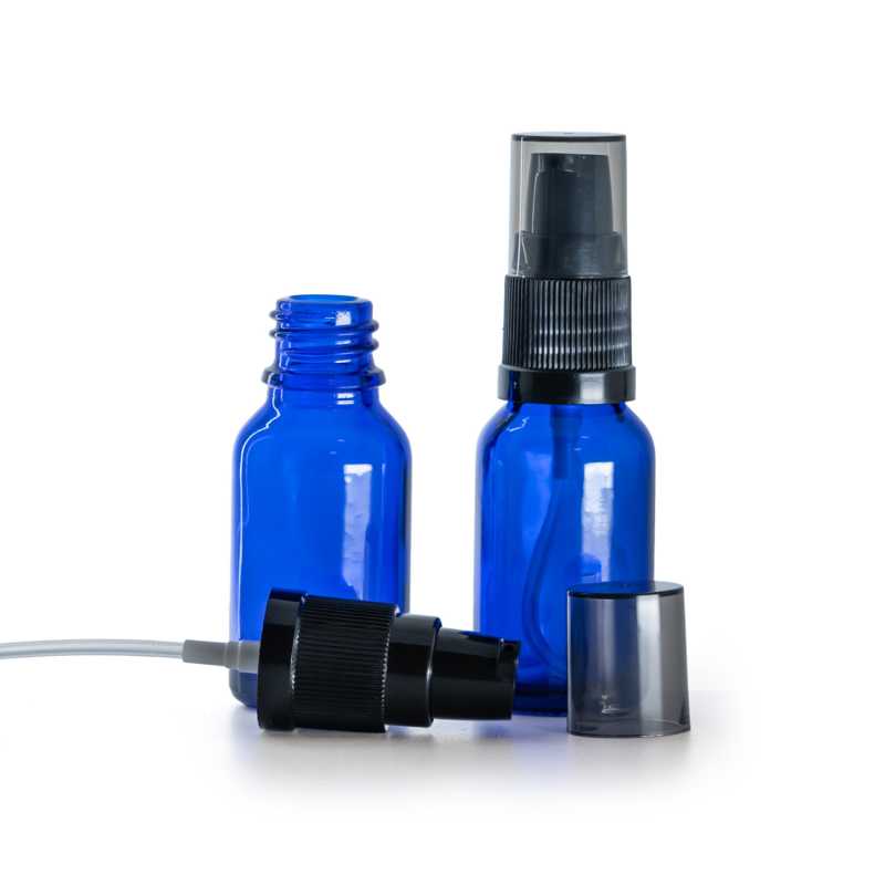 Flacone di vetro blu, pompa lozione con sopra-tappo fumé, 15 ml