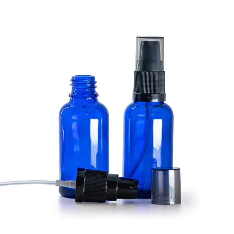 Flaconcino di vetro blu, pompa lozione con sopra-tappo fumé, 30 ml