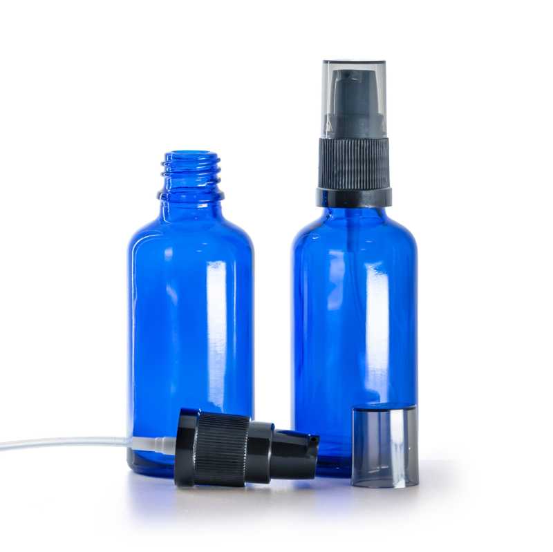 Flacone di vetro blu, dosatore di crema con sopra-tappo fumé, 50 ml