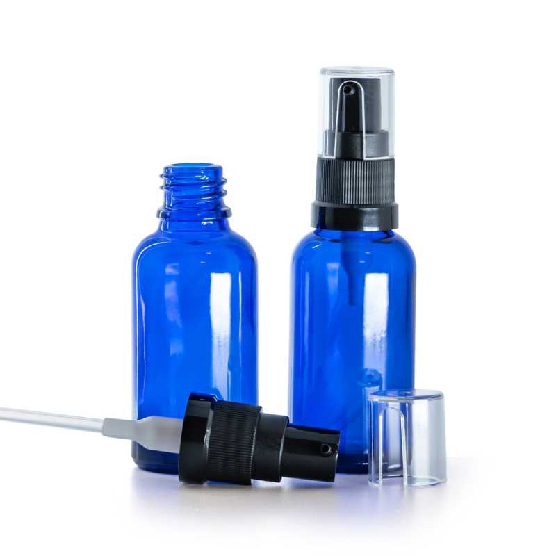 Bottiglia in vetro, blu, dosatore per olio, 30 ml