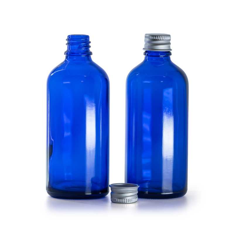 Flacone di vetro blu, tappo in alluminio, 100 ml