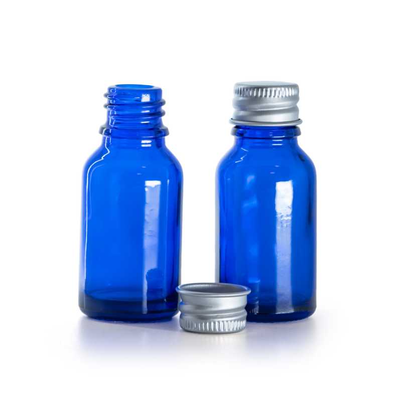 Flacone di vetro blu, tappo in alluminio, 15 ml