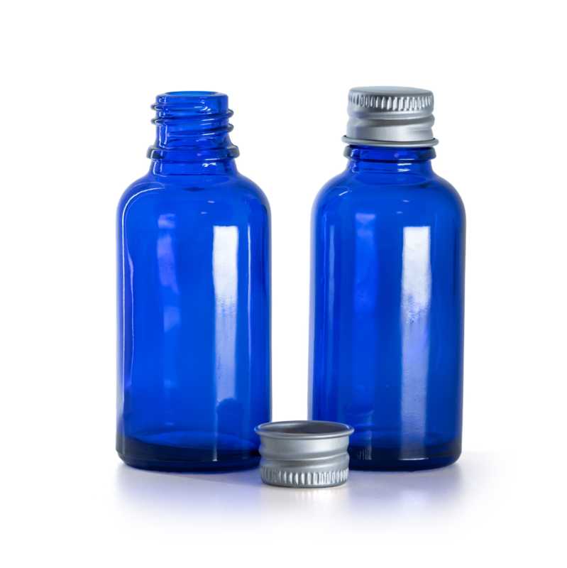 Flacone di vetro blu, tappo in alluminio, 30 ml