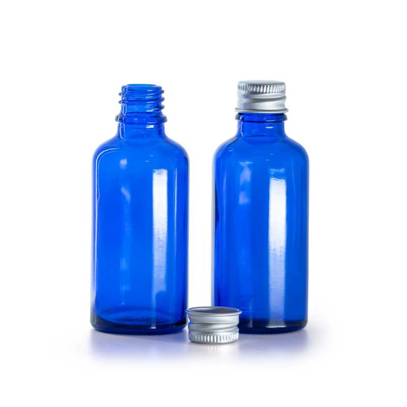 Flacone di vetro blu, tappo in alluminio, 50 ml