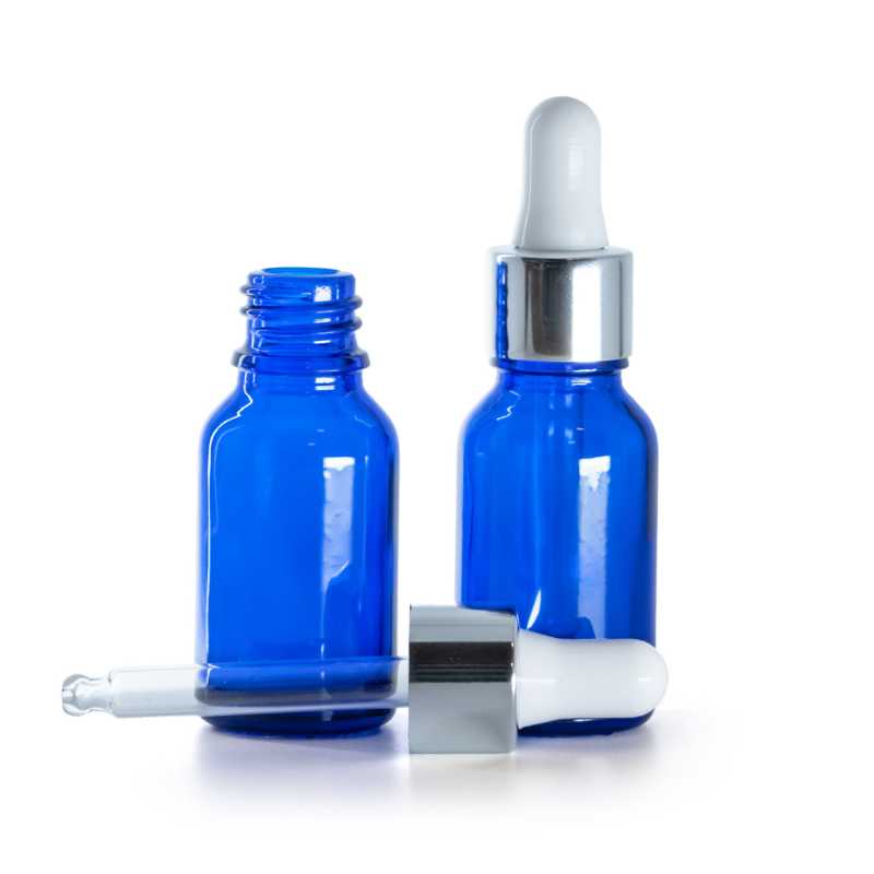 Flacone in vetro, blu, contagocce argento lucido, 15 ml