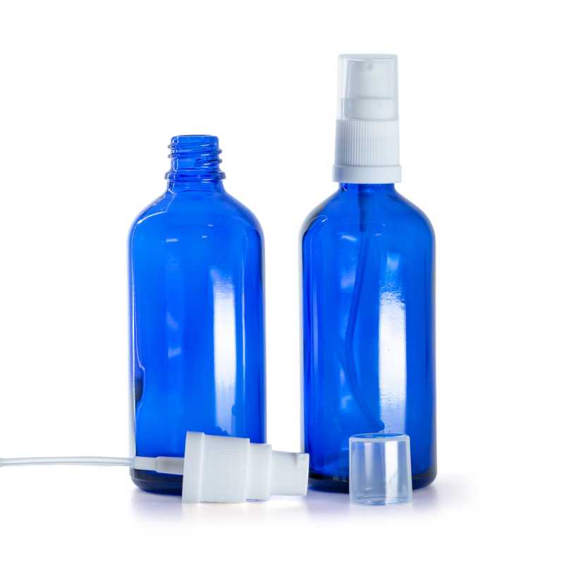 Flacone in vetro, tipo farmaceutico, blu, dosatore lozione bianco, 100 ml