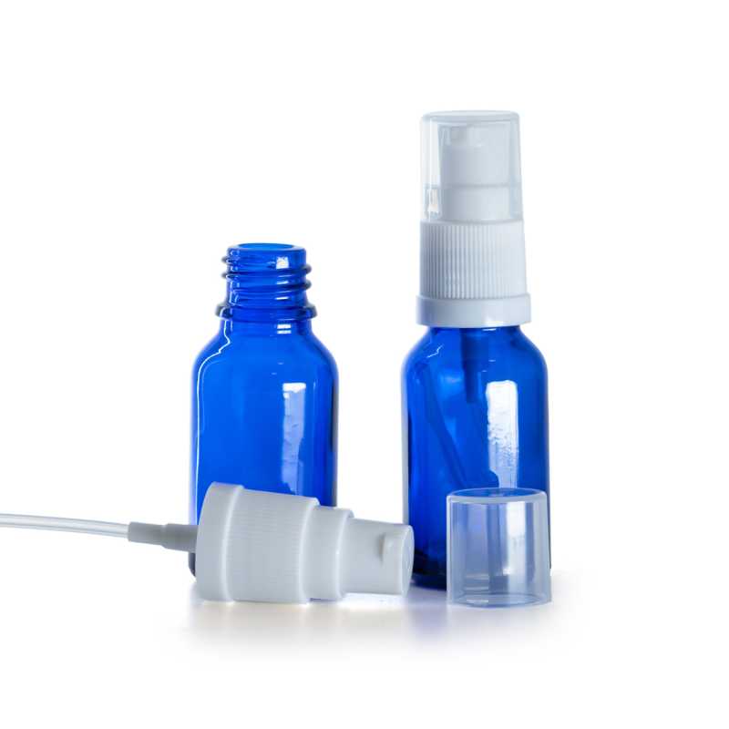Flacone in vetro, farmaceutico, blu, dispenser bianco, 15 ml