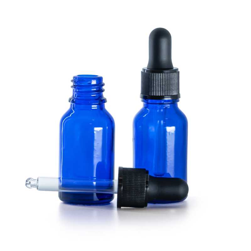 Flacone in vetro, blu, contagocce nero opaco, 15 ml