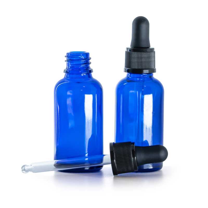 Bottiglia in vetro, blu, contagocce nero opaco, 30 ml