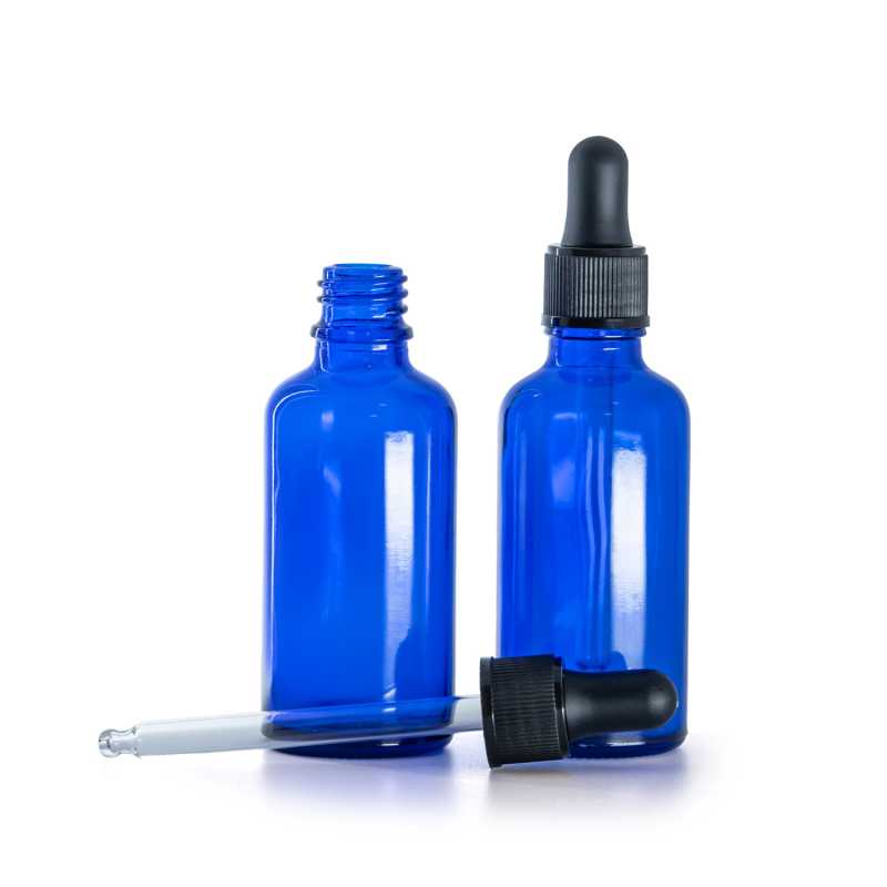 Bottiglia in vetro, blu, contagocce nero opaco, 50 ml