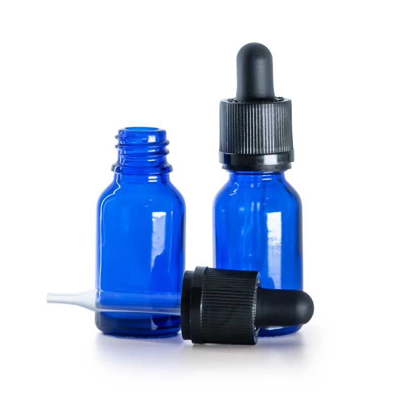 Flacone in vetro, blu, contagocce di sicurezza antimanomissione, 15 ml