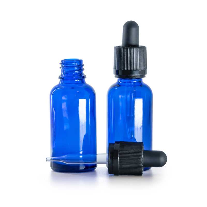 Flacone in vetro, blu, contagocce di sicurezza antimanomissione, 30 ml