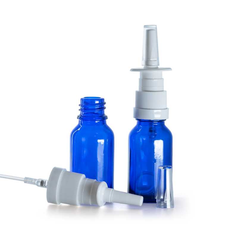 Bottiglia in vetro, blu, spruzzatore nasale, 15 ml