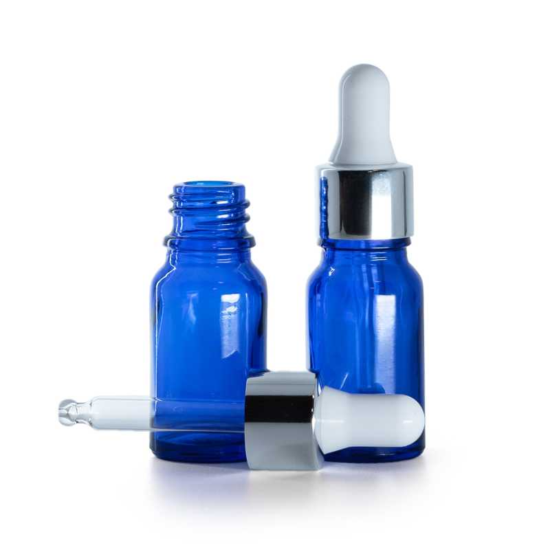 Flacone in vetro, blu, contagocce argento lucido, 10 ml