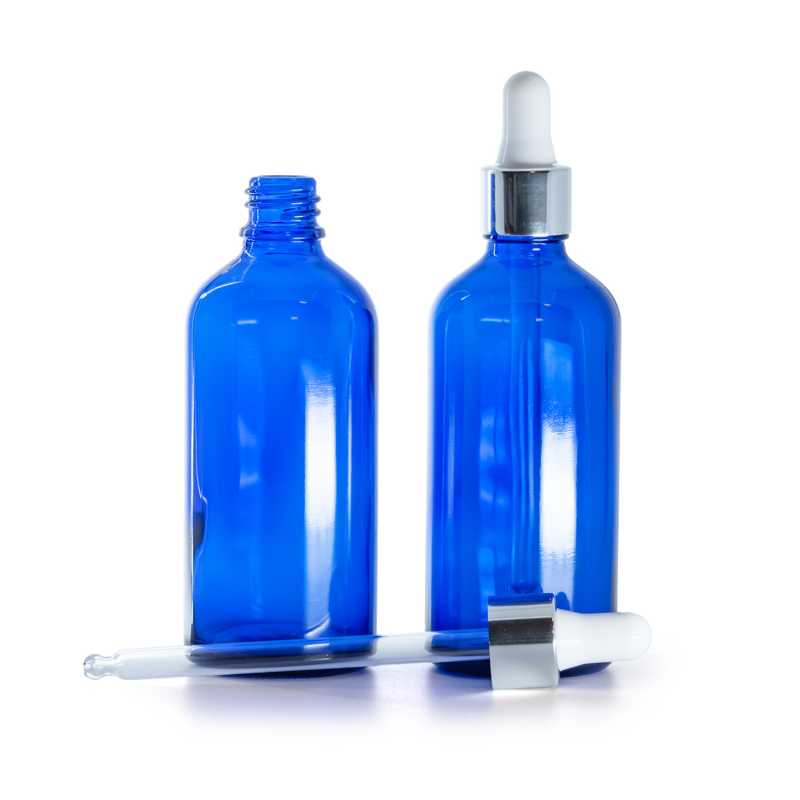 Flacone in vetro, blu, contagocce bianco argento lucido, 100 ml