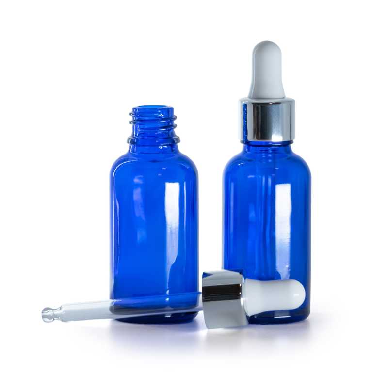 Flacone in vetro, blu, contagocce argento lucido, 30 ml