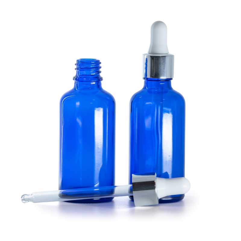 Bottiglia in vetro, blu, contagocce argento lucido, 50 ml