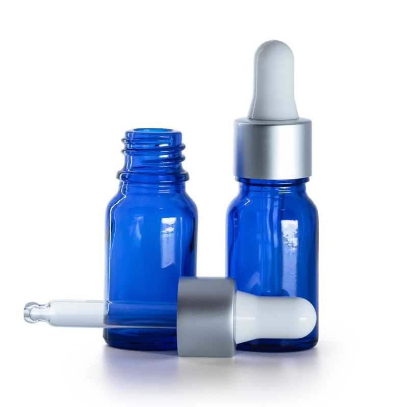 Flacone in vetro, blu, contagocce argento opaco, 10 ml