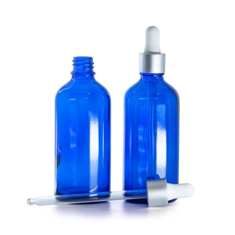Flacone in vetro, blu, contagocce argento opaco, 100 ml