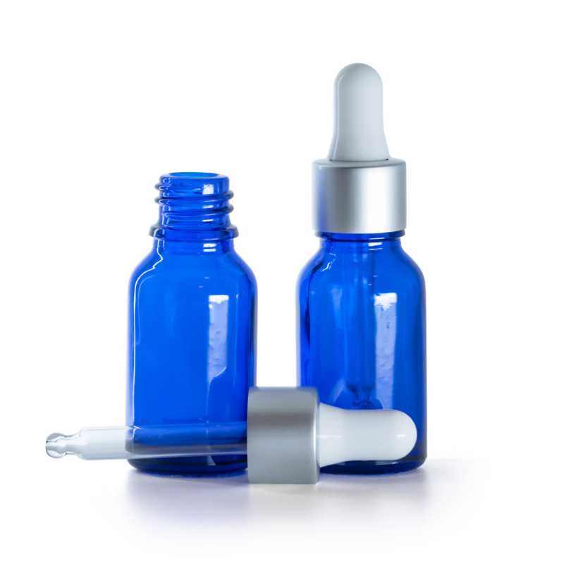 Flacone in vetro, blu, contagocce argento opaco, 15 ml