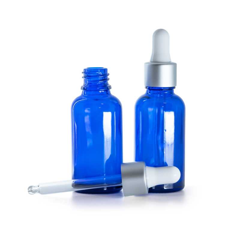 Bottiglia in vetro, blu, contagocce argento opaco, 30 ml