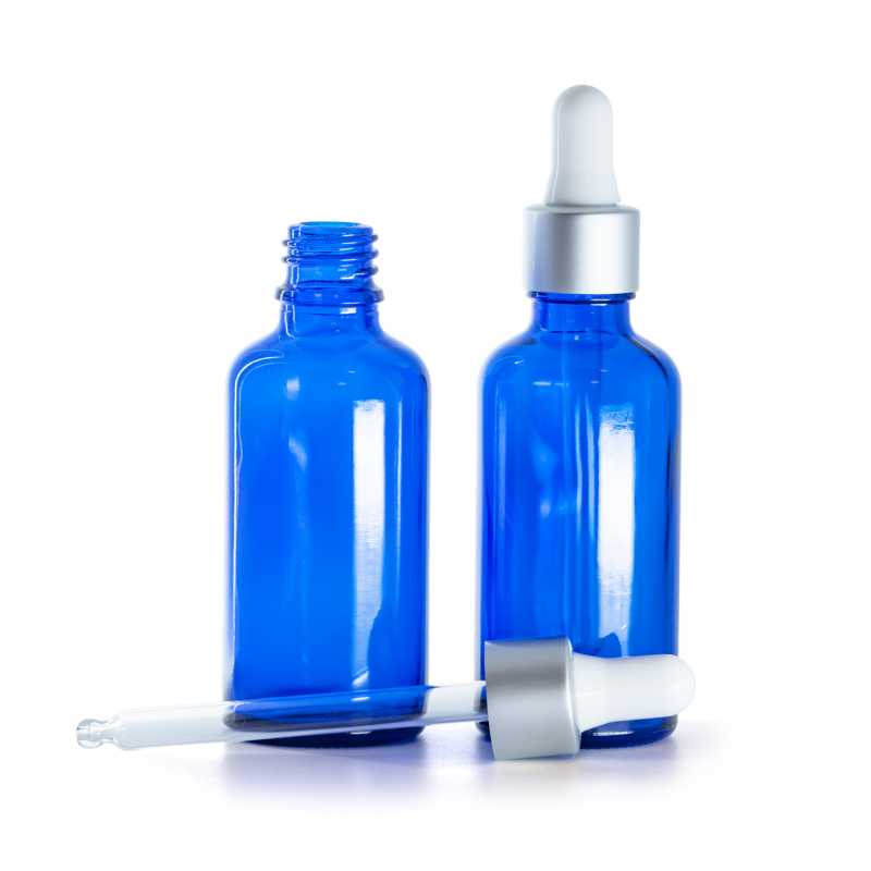 Flacone in vetro, blu, contagocce argento opaco, 50 ml
