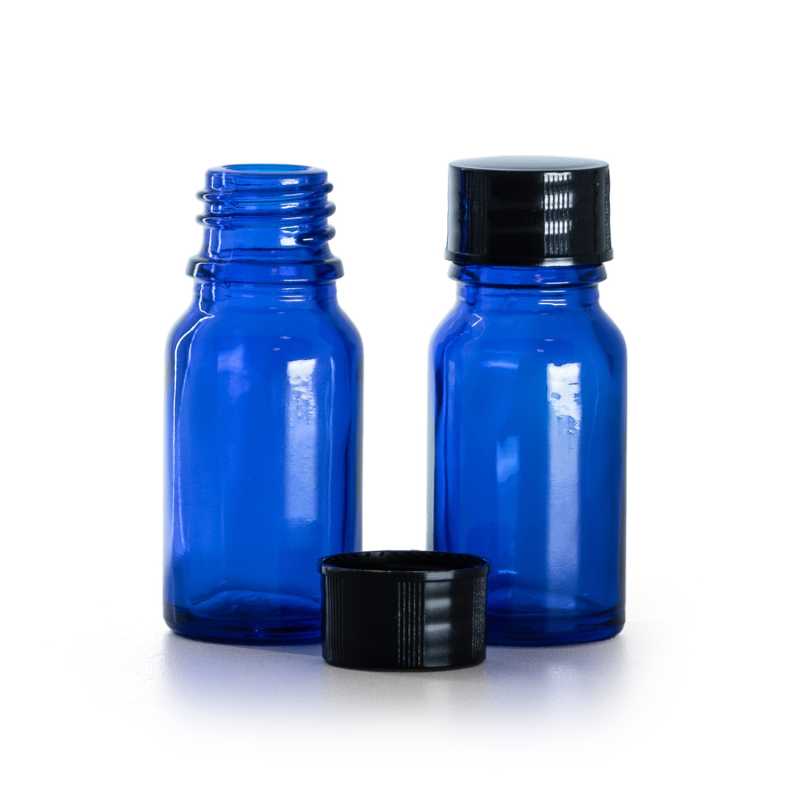 Bottiglia in vetro, blu, tappo nero, 10 ml