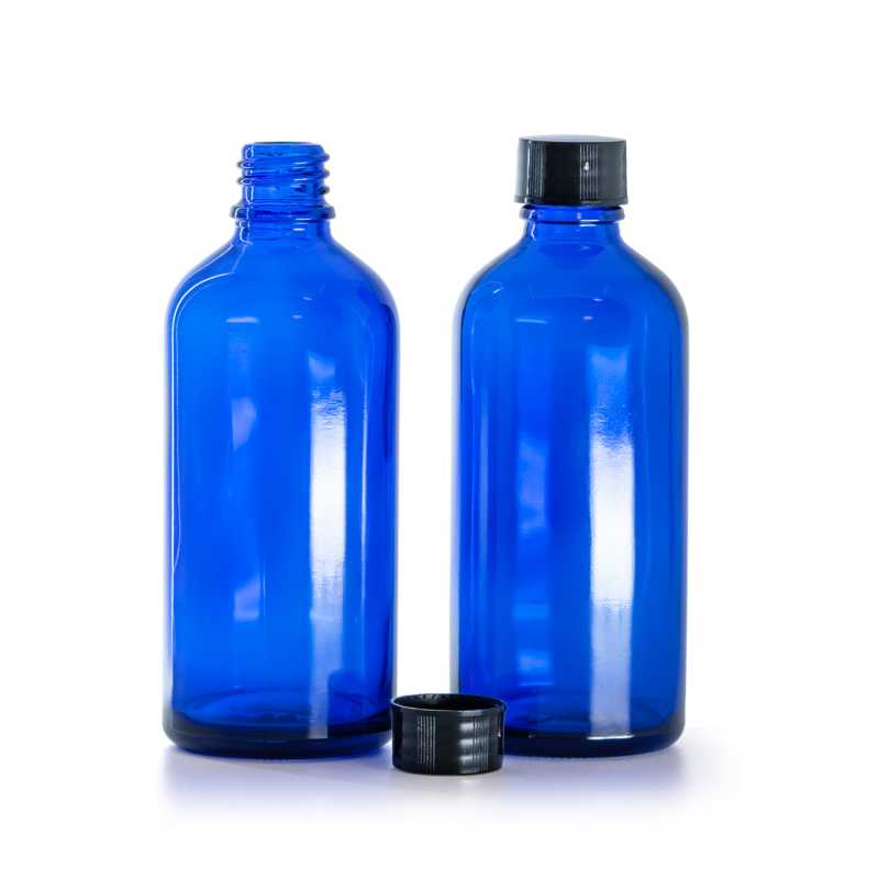 Flacone in vetro, blu, tappo nero, 100 ml