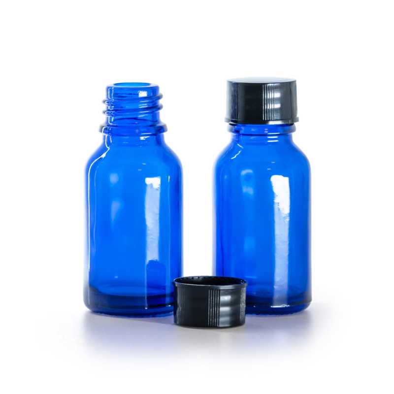 Bottiglia in vetro, blu, tappo nero, 15 ml