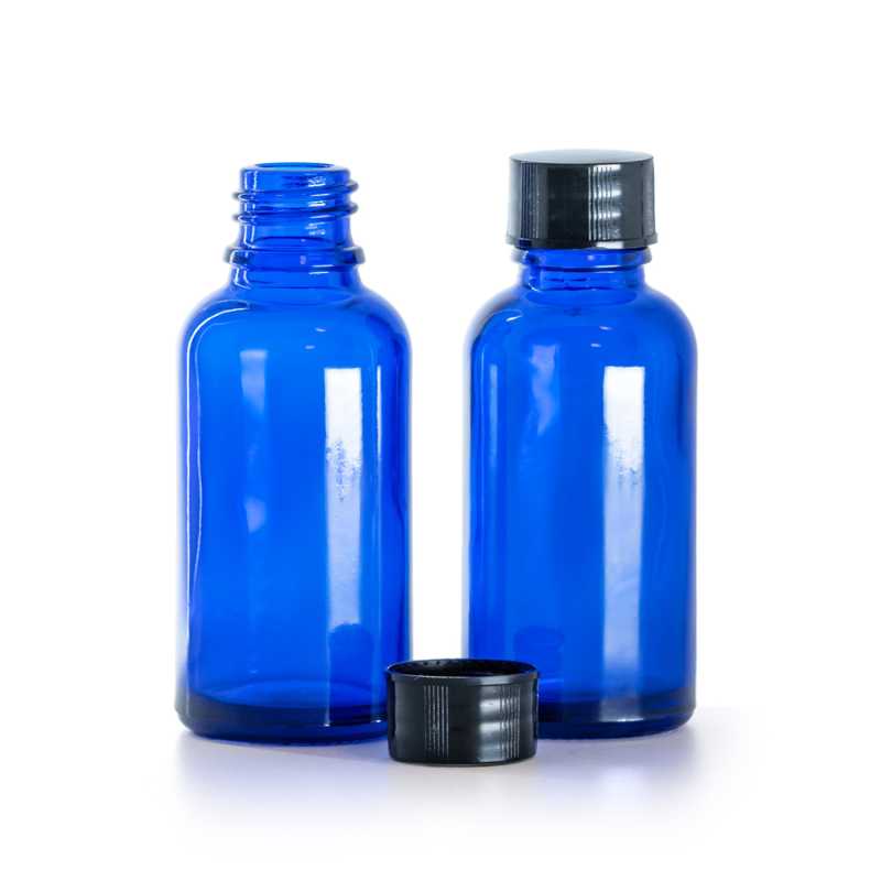 Flacone in vetro, blu, tappo nero, 30 ml