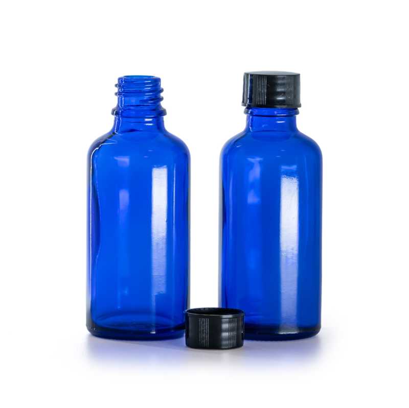 Bottiglia in vetro, blu, tappo nero, 50 ml