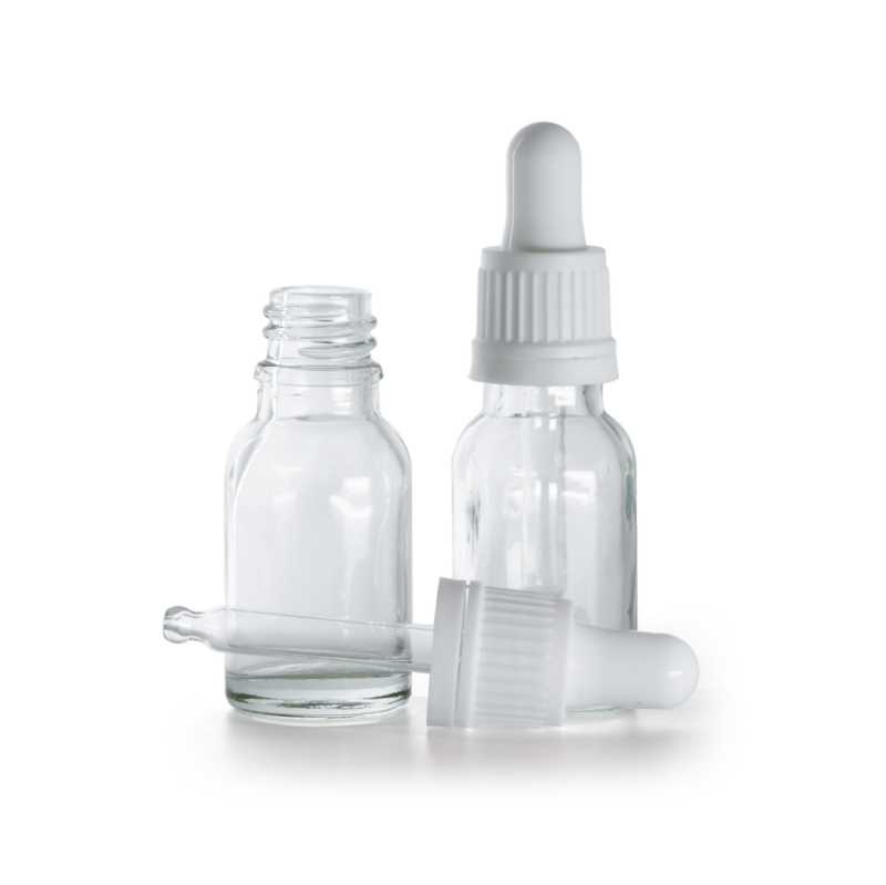 Flacone in vetro, trasparente, contagocce bianco, 15 ml
