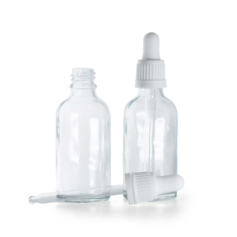 Flacone in vetro, trasparente, contagocce bianco, 50 ml