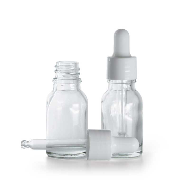 Bottiglia in vetro, trasparente, contagocce bianco lucido, 15 ml