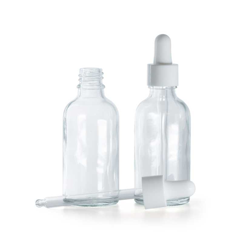 Bottiglia in vetro, trasparente, contagocce bianco lucido, 30 ml