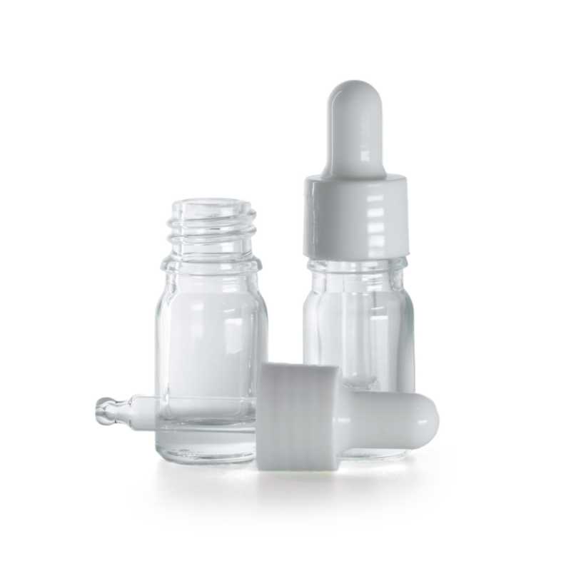 Bottiglia in vetro, trasparente, contagocce bianco lucido, 5 ml