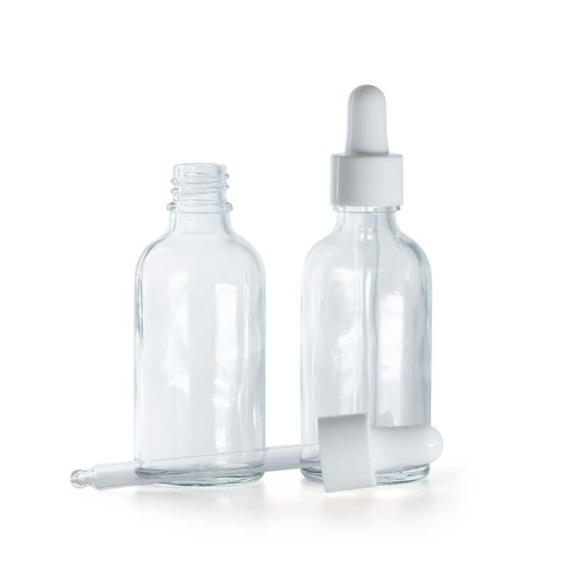 Flacone, vetro, trasparente, contagocce bianco lucido, 50 ml