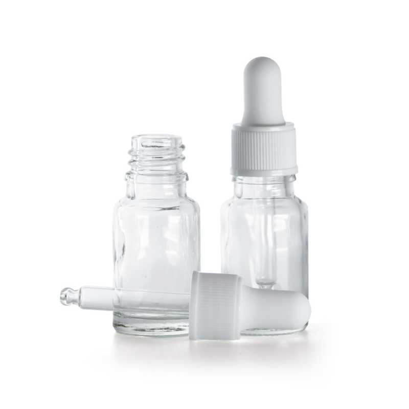 Flacone in vetro, trasparente, contagocce bianco opaco, 10 ml