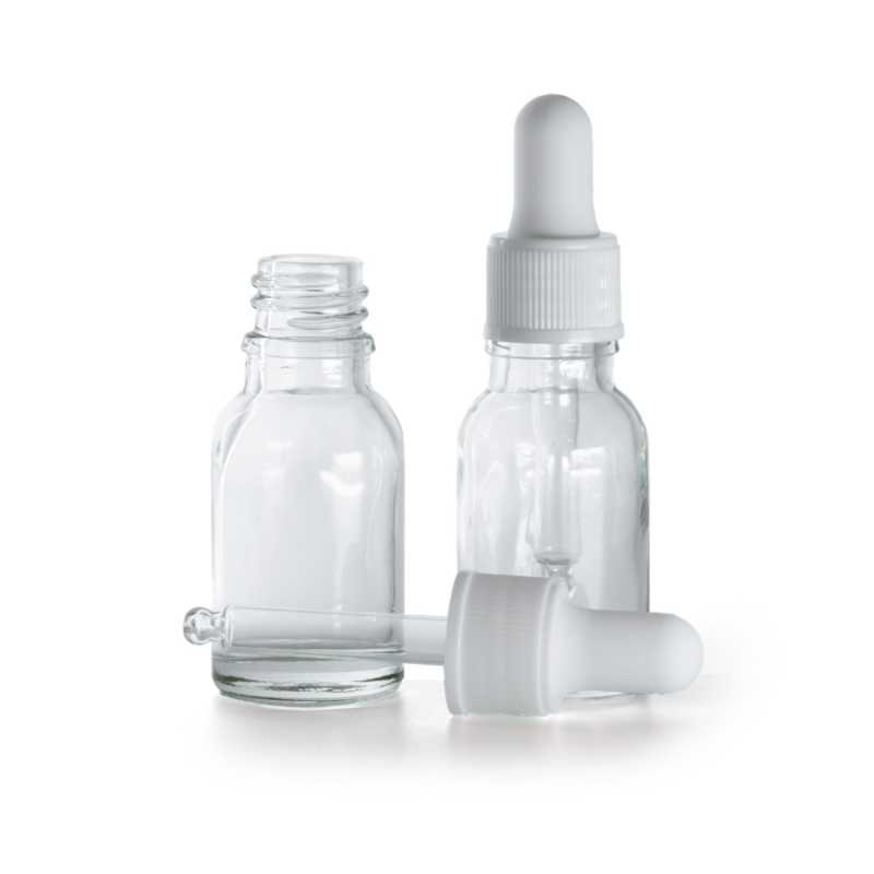 Flacone in vetro, trasparente, contagocce bianco opaco, 15 ml